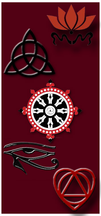 sacred symbols: the lotus, celtic symbol, dharma wheel, eye of horus 